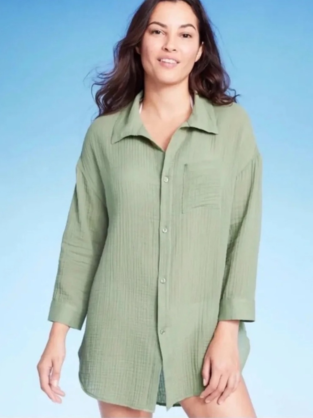 Kona Sol Green Gauze Swim Cover-Up Shirt Medium